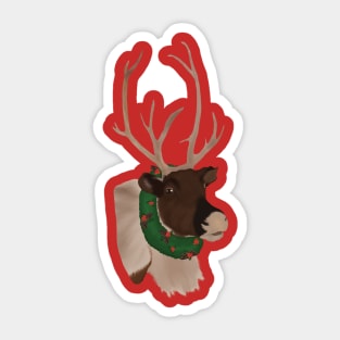 Festive Christmas Reindeer with Wreath and Pine Cones and Holly Berries Sticker